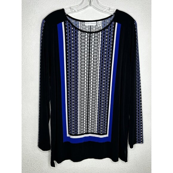 Susan Graver Shirt Womens Large Black Blue Liquid Knit Geometric Print Stretch - Picture 1 of 11